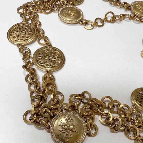 Gold-Tone Bee Medallion Necklace 60” Rhinestone/Filigree Statement Chain - Picture 3 of 5